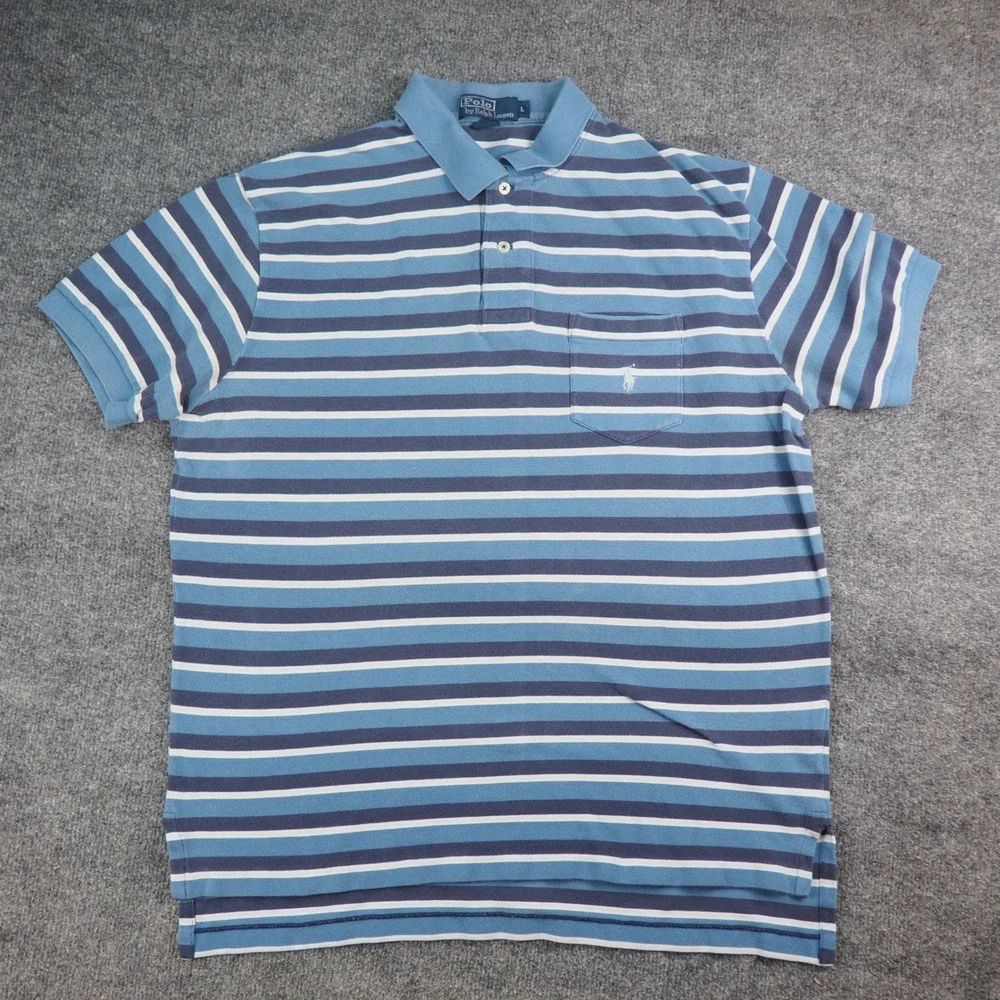 Polo Ralph Lauren Polo Shirt Mens Large Blue Striped Pocket Preppy Classic 3368